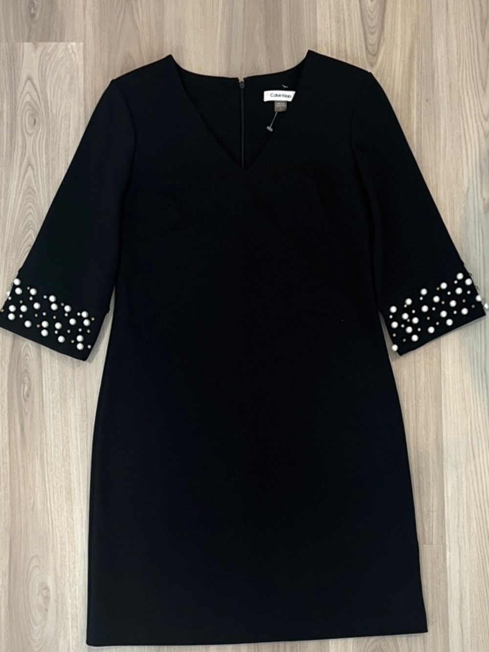 Vince Black V-Neck Mini Dress with Pearl-Cuff Sleeves